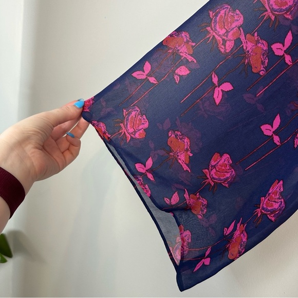 Rachel Roy | Navy Blue Pink Floral Bell Sleeve Cinched Waist Dress Size Medium - Picture 6 of 8